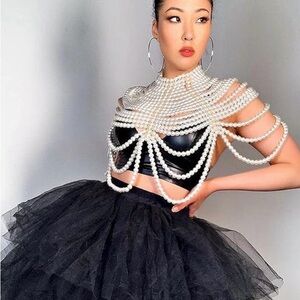 Pearl Draped Statement Capelet - Black